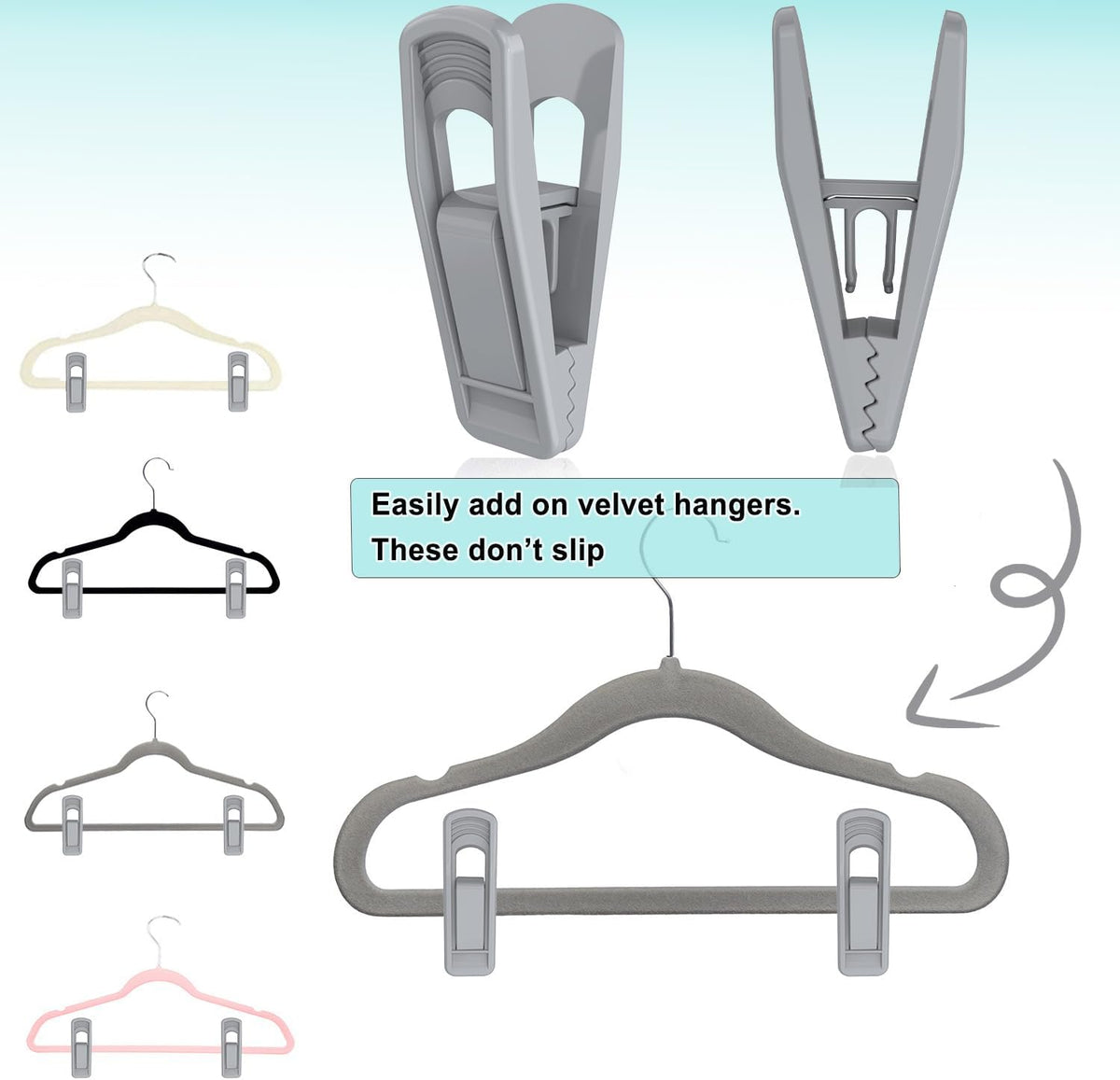 TOFIIGREM Hanger Clips for Velvet Hangers (Grey, 40 PCS), Non-Slip Plastic Clips Skirt Hanger Clips for Gray Flocking Hangers
