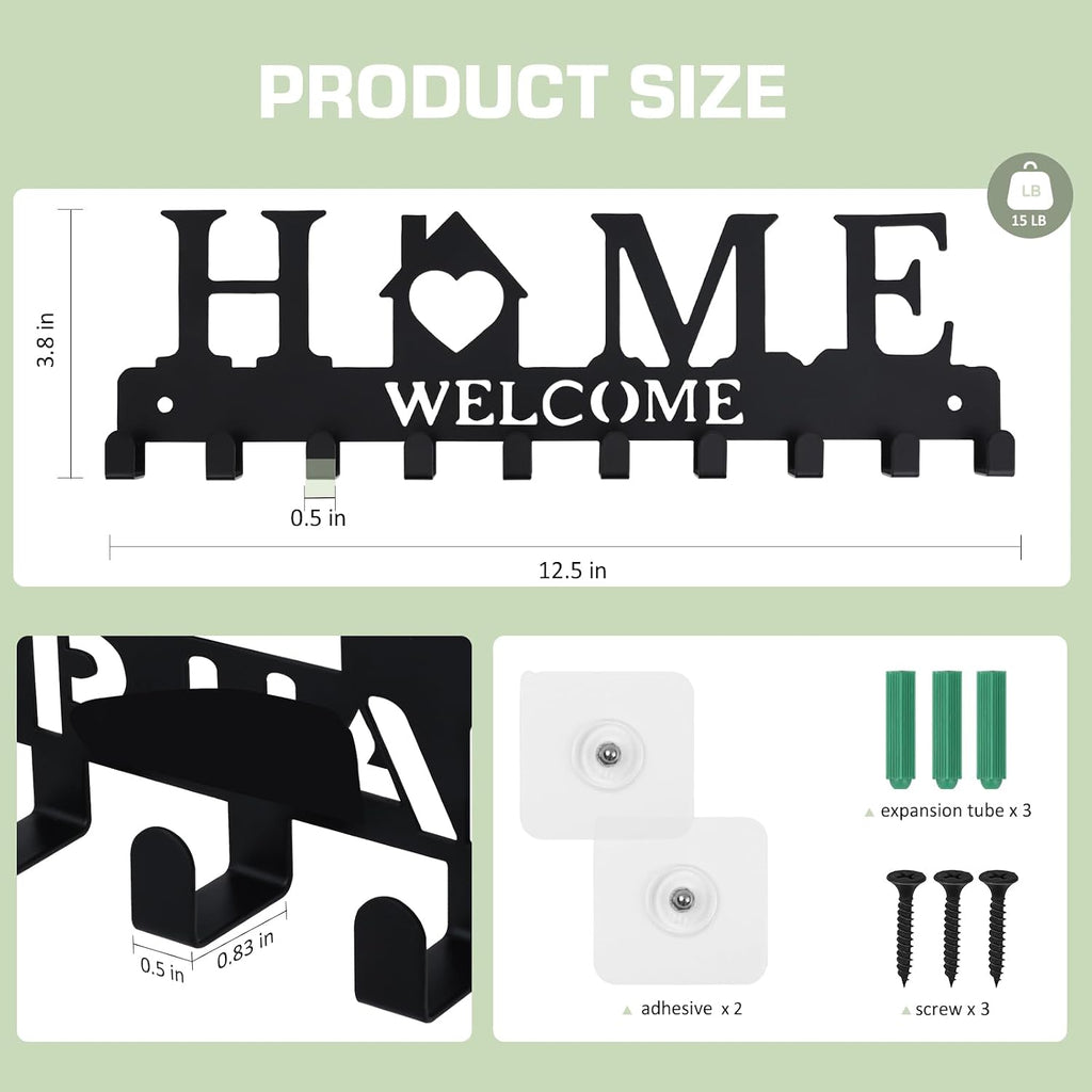 Key Holder Wall Mount, Adhesive Key Hanger with 10 Hooks, Black