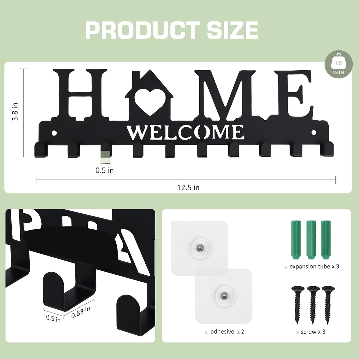Key Holder Wall Mount, Adhesive Key Hanger with 10 Hooks, Black
