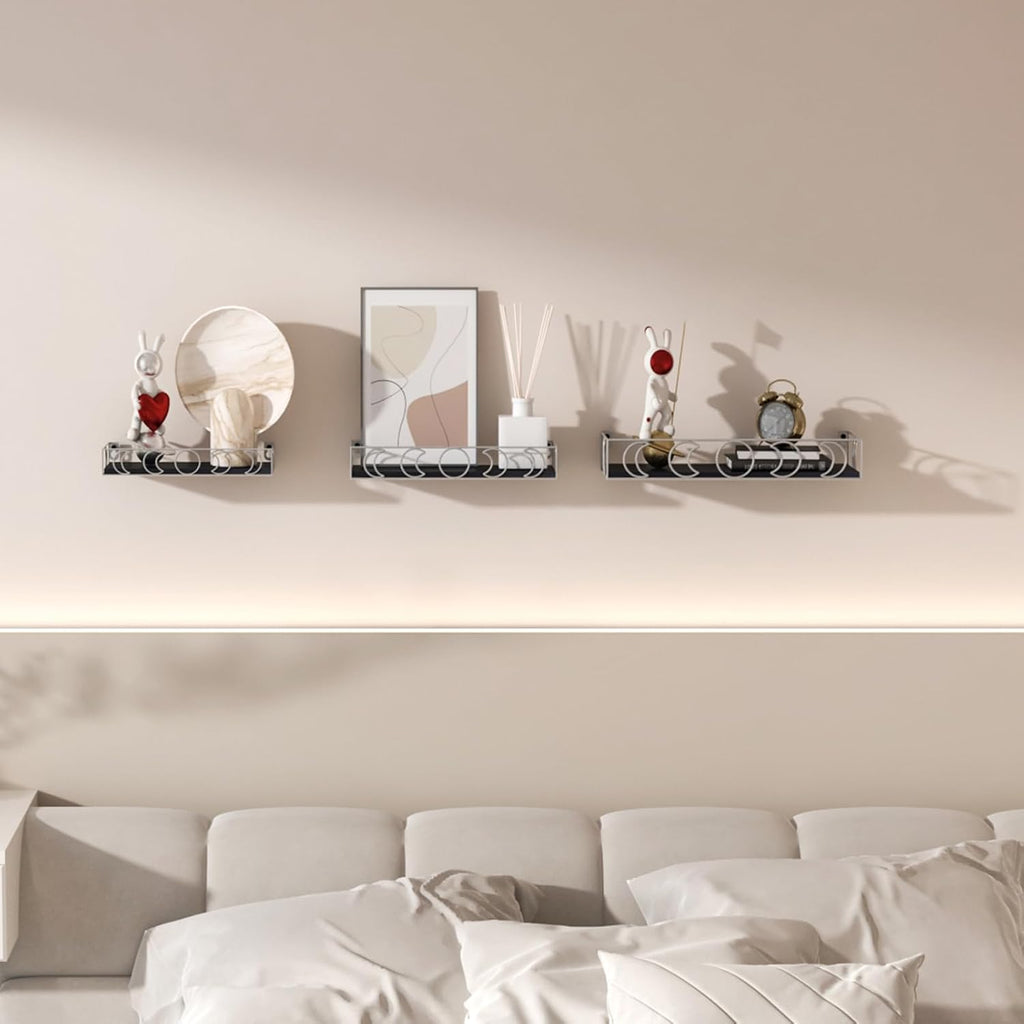 Moon Phase Wall Shelf, 3 Silver Side Black Base Floating Shelves