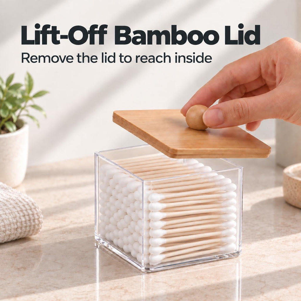 Cotton Swab Holder, Square, Bamboo Lid, Single Layer