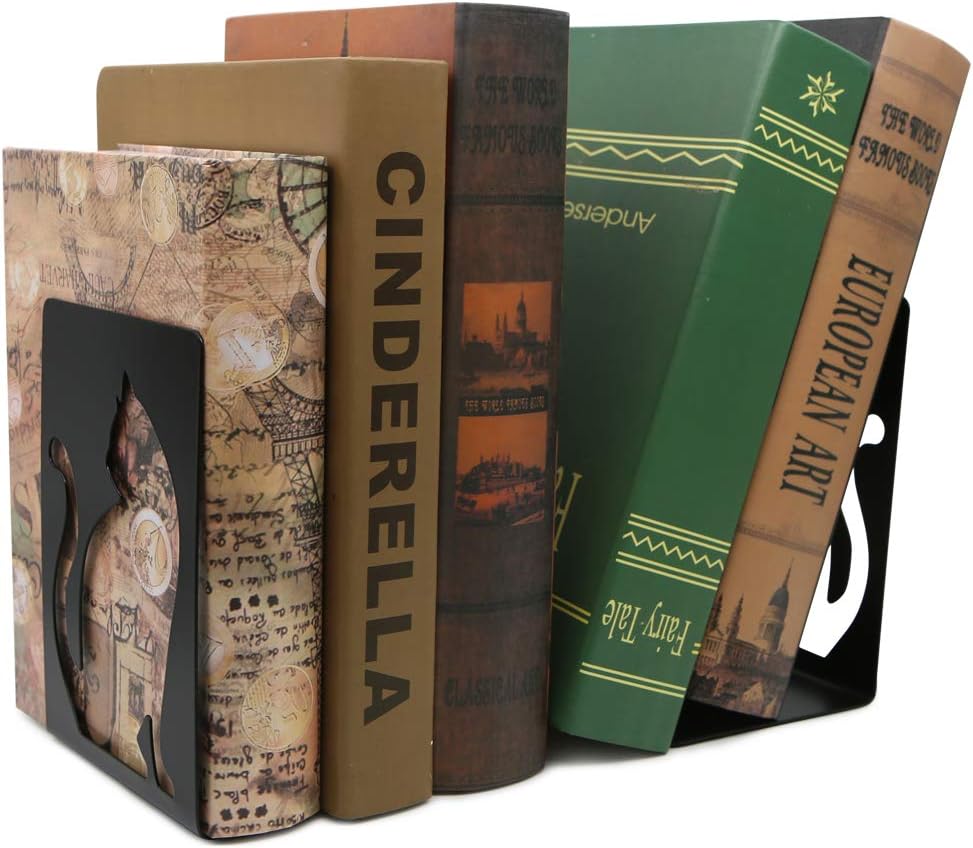 Unique Hollow Out Design Cat Bookends Student Book Ends Metal Office Desk School Library Decoration Bookshelf Book Organizer for Christmas Birthday Gift