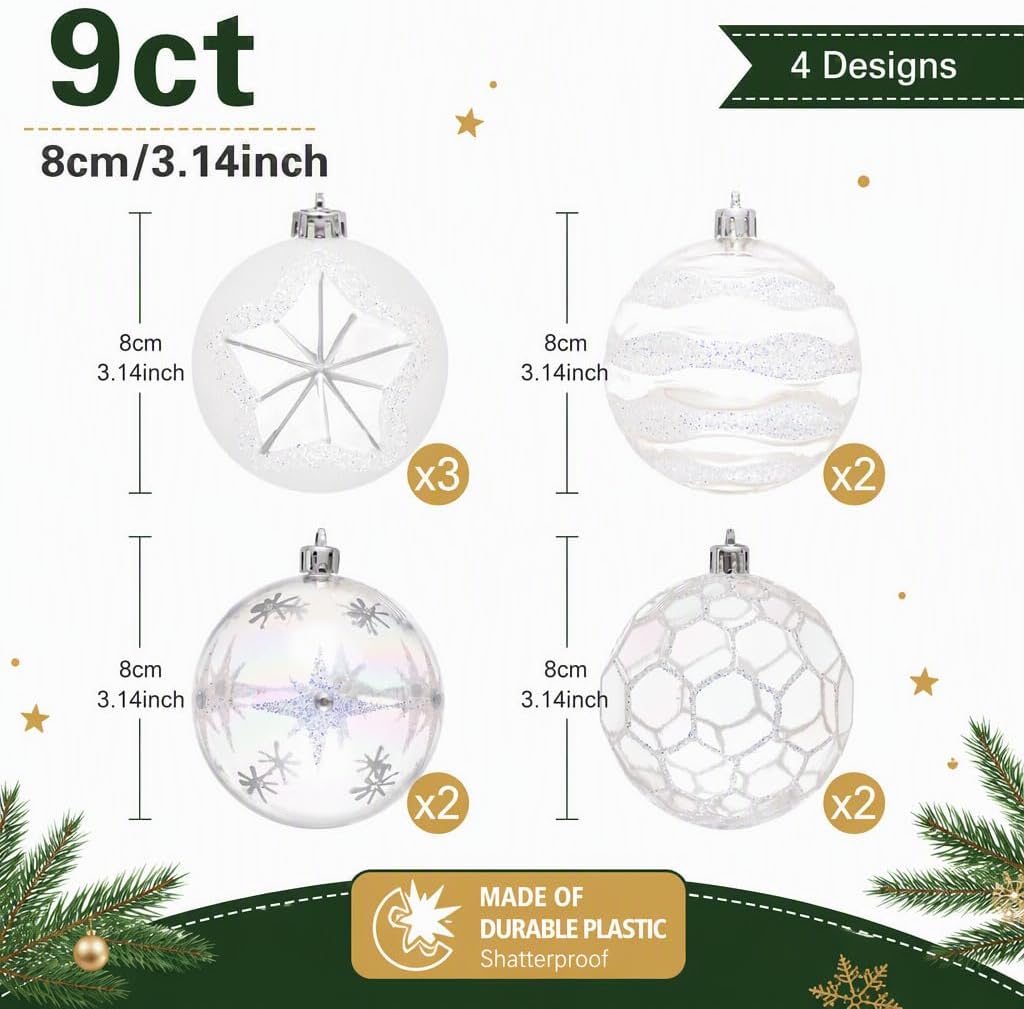 DecorbyHannah 9ct 3.15inch Christmas Ornaments Tree Decorations Clear