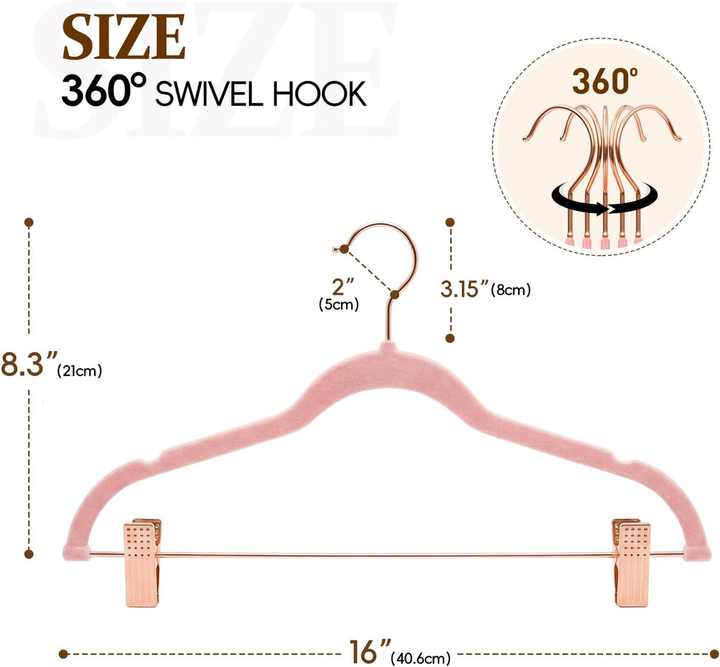 Pink Velvet Felt Hangers, Adjustable Clips for Pants, Skirts