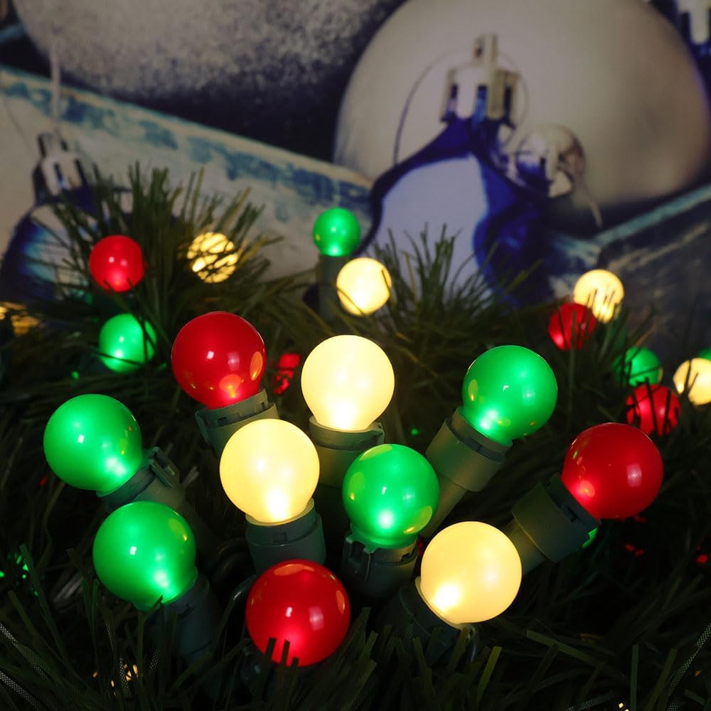 Red White and Green Christmas Lights Outdoor Pearlized G15 70 LED 19ft Plug in Mini Globe String Lights Multi Color Green Wire for Indoor Patio Xmas Tree