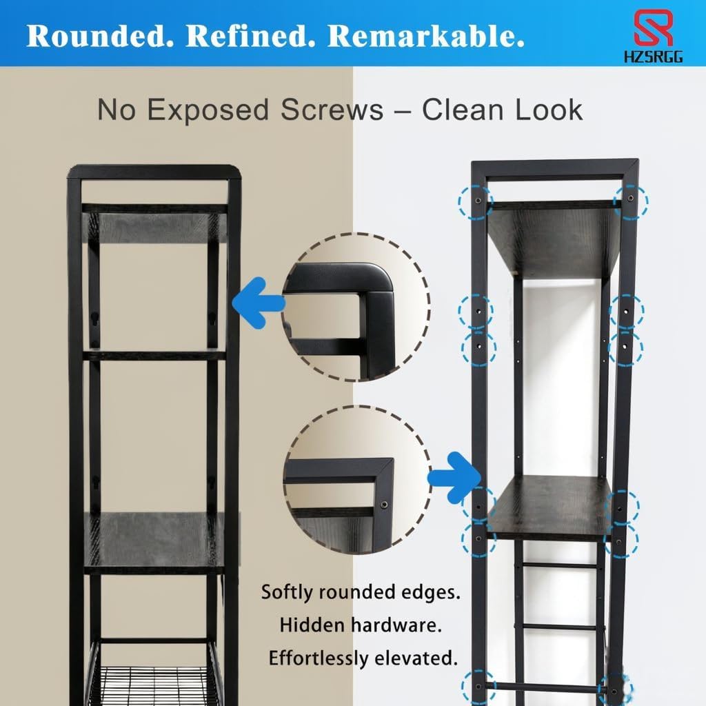 Over The Toilet Storage, 4-Tier Bathroom Organizer with V-Shaped Support & Pre-Welded Frame, Freestanding Rustproof Shelf with Toilet Paper Holder, Heavy Duty, 60" Tall, Black