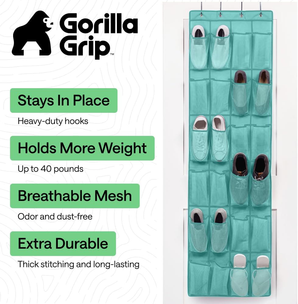 GORILLA GRIP Over the Door Shoe Organizer, 24 Large Pockets, Turquoise