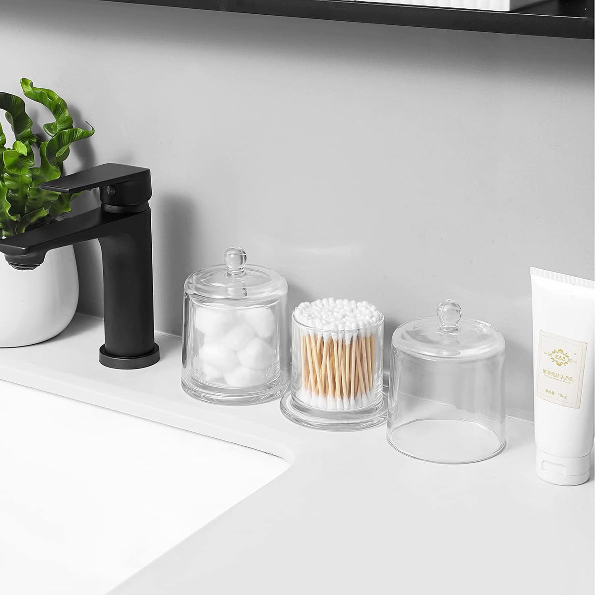 rejomiik 2 Pack Qtip Holder Thick Glass Apothecary Jars with Lid for Bathroom Accessories Vanity Organizers and Makeup Storage for Cotton Ball, Swabs, Makeup Sponges, Candy, Jewelry, Clear