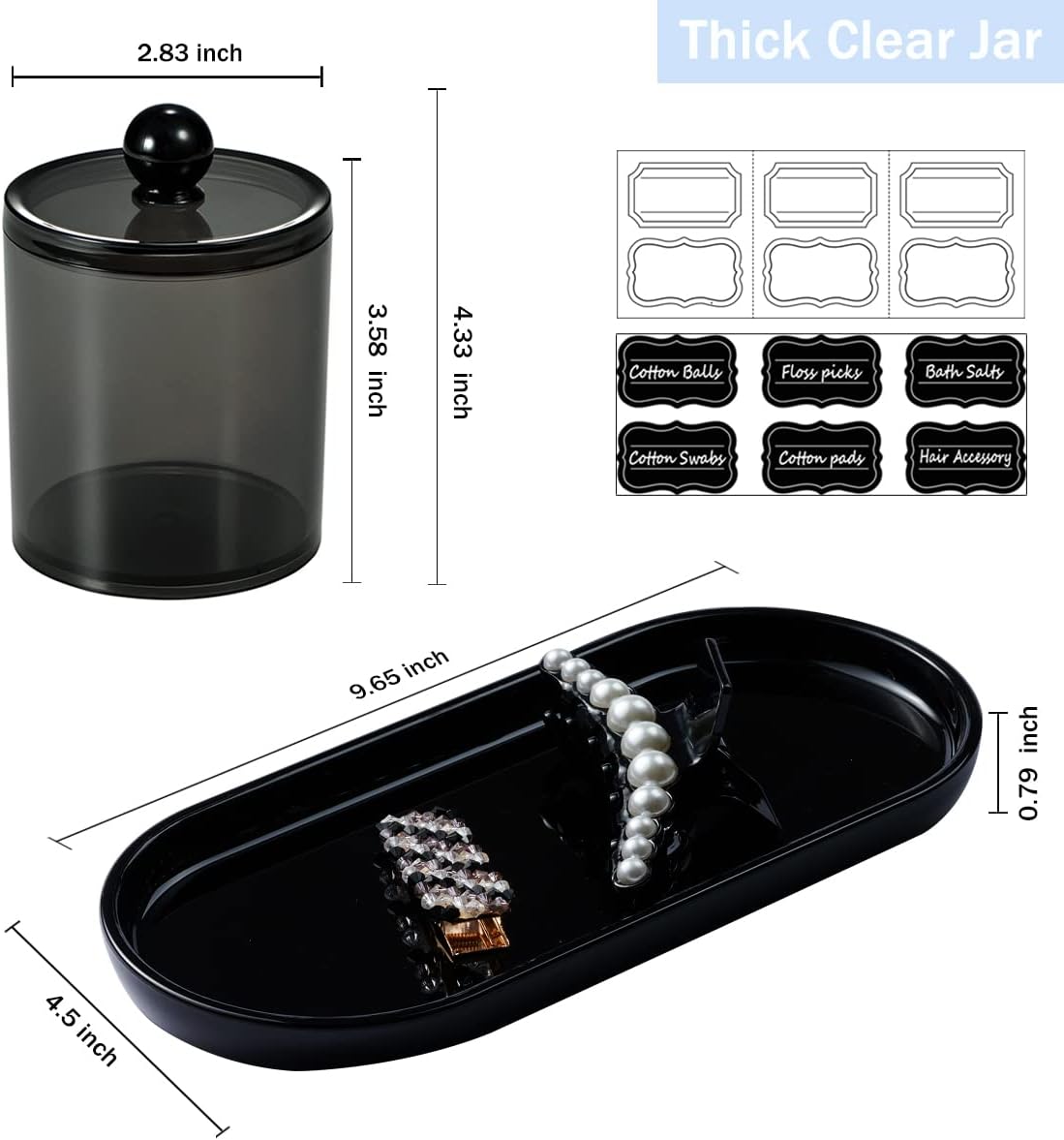 SheeChung 3 PCS Qtip Holder Bathroom Set with Tray, Acrylic Apothecary Jars