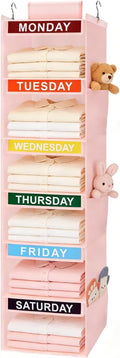 Weekly Clothes Organizer for Kids, 6-Shelf Kid Hanging Closet Organizer w/ 6 Side Pockets, Labeled Weekly Outfit Organizer for Kids, Days of The Week Clothes Organizer Monday Through Friday Pink