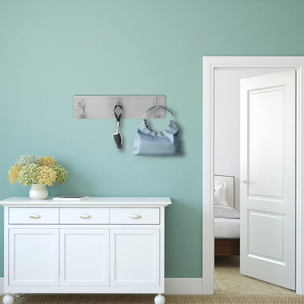Key Holder for Wall, Self Adhesive Key Rack Key Hooks for Keys and Masks to Hang, Easy Mount Key Hanger for Wall, Entryway, Bathroom, Kitchen, Office, Stainless Steel~3 Hooks