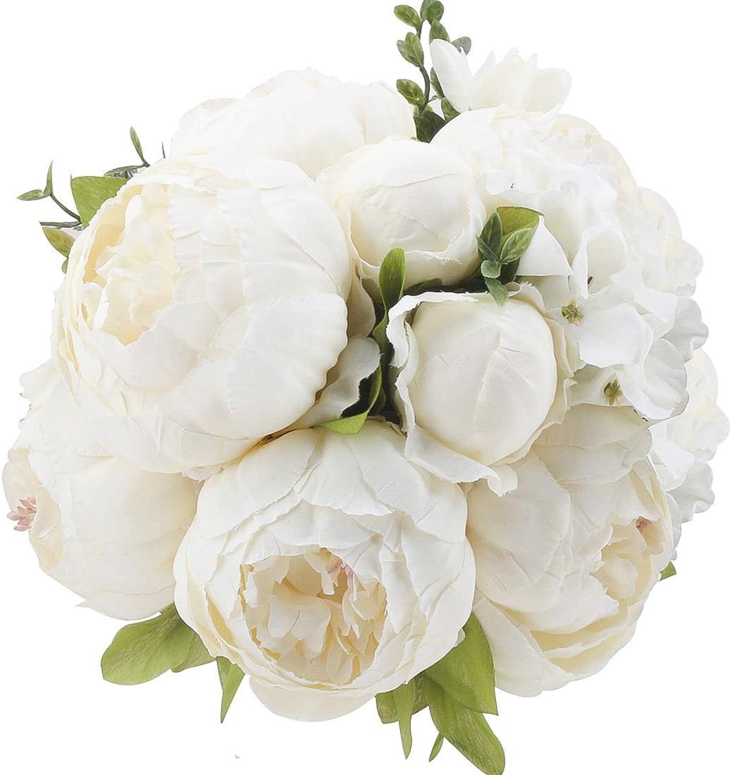 Silk Peony Bouquet Vintage Artificial Peonies Flower for Home Wedding Party Decor (1pcs, White)