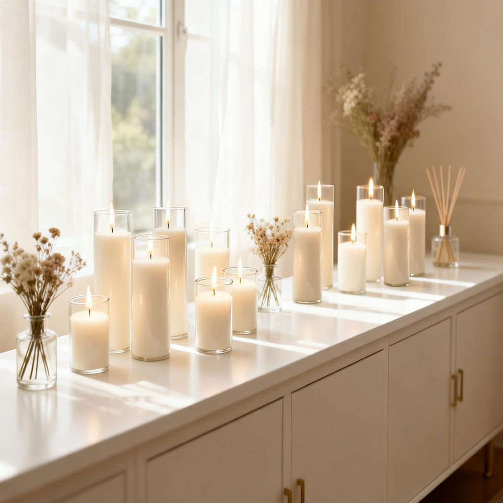 12 PCS Pillar White Candles in Glass,Hurricane Candles,Wedding Cylinder Candle,3 Different Lengths 2 x 3/6/8 Inch (4 Each),Creating an Atmosphere Suitable for Various Outdoor Activities.