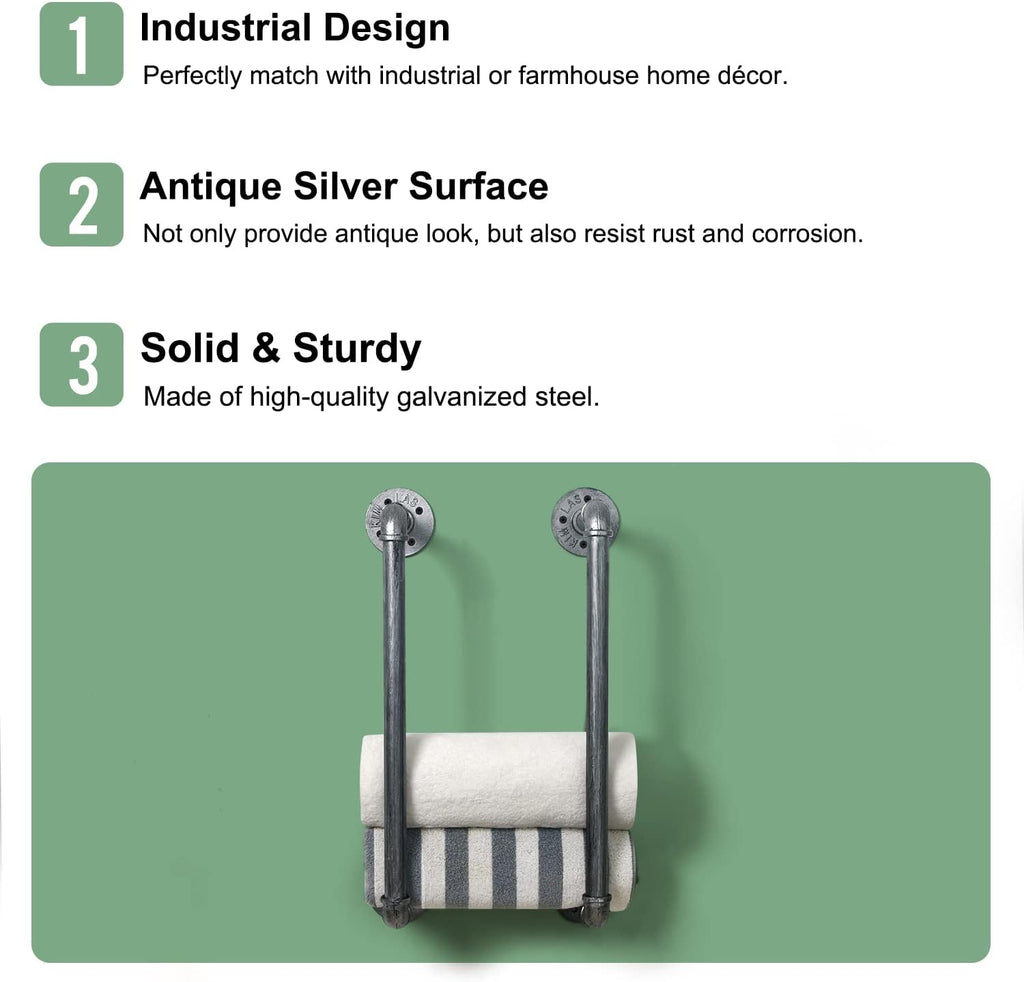 HouseAid Industrial Pipe Towel Rack, Farmhouse Bathroom Towel Storage Holder, Vintage Style Towel Organization, Wall Mounted, Antique Silver