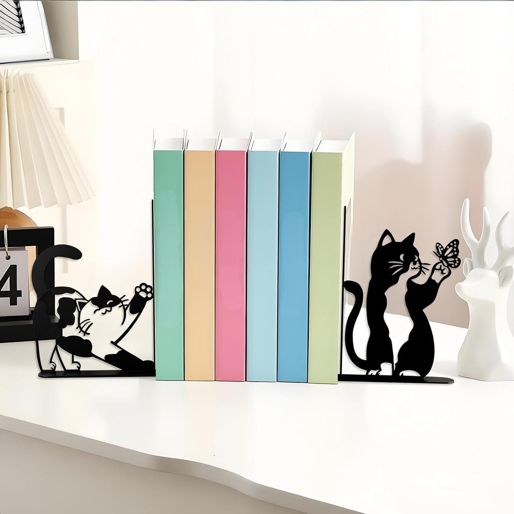 Cute Cat Bookends Metal Black Cat Book Ends for Shelves Bookshelf Decorative Accessories Home Office Desk Bookshelf Decor Cat Lover Gifts for Women