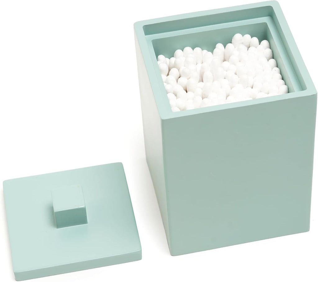 Bathroom Qtip Holder with lid, Resin Jar ,Square, Matte Green
