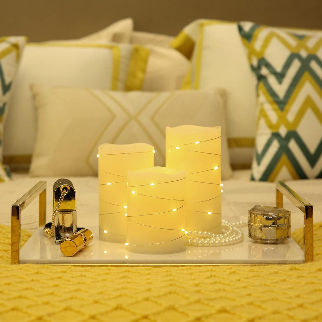 H-BLOSSOM Flickering Flameless Candles Ivory Real Wax Pillar with Embedded String Lights LED Candles Battery Operated with Cycling 5H Timer Set of 3 (3" x 4"/5"/6") (Ivory)