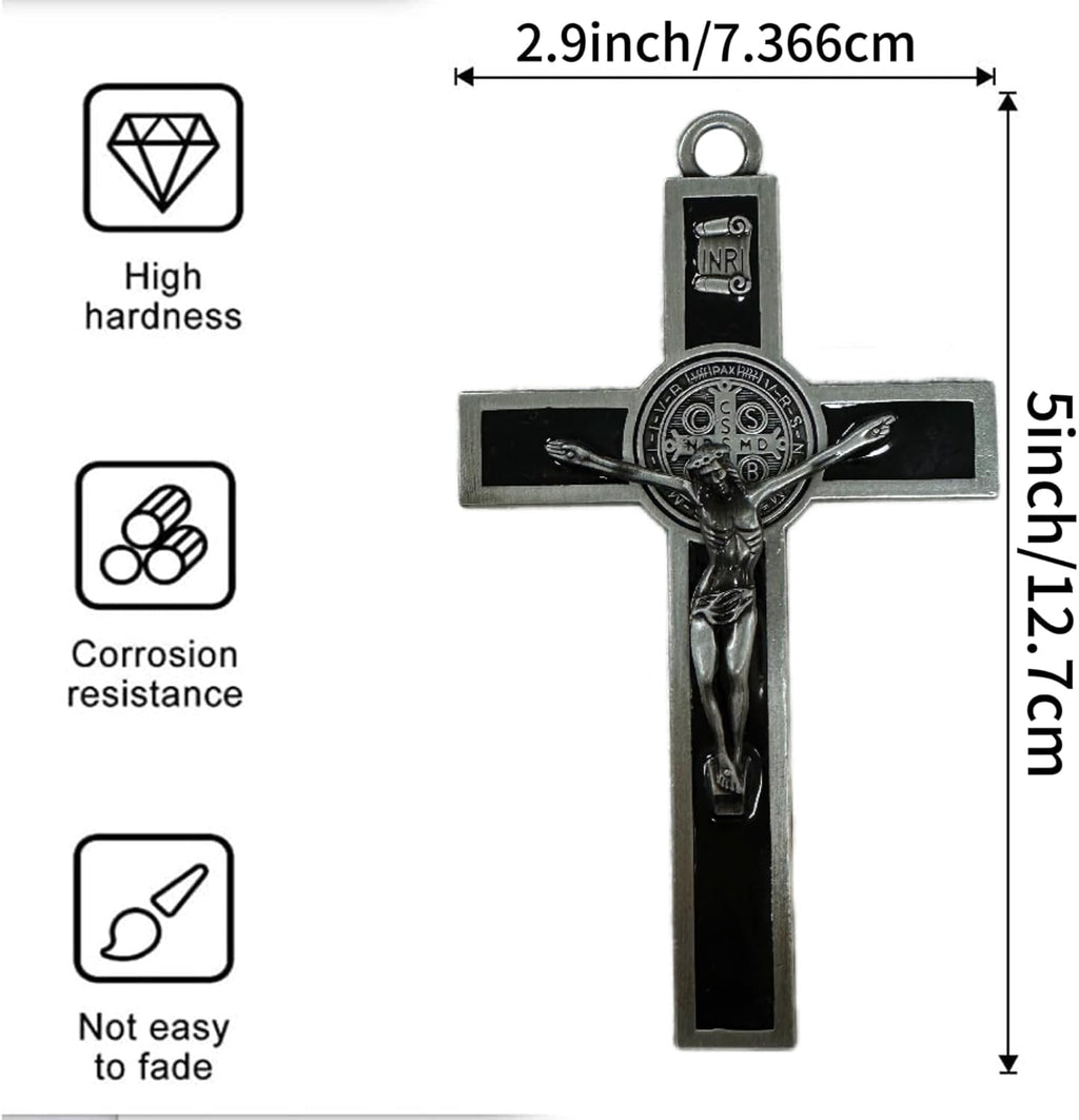 BONITTER Antique Silver Crucifix Wall Cross-St. Benedict Metal Wall Art-5.0 InchX2.7 Inch Black White Brown Enamel Give Blessing and The Spiritual Sacred:Faith Gift for your Acquaintances (Black)