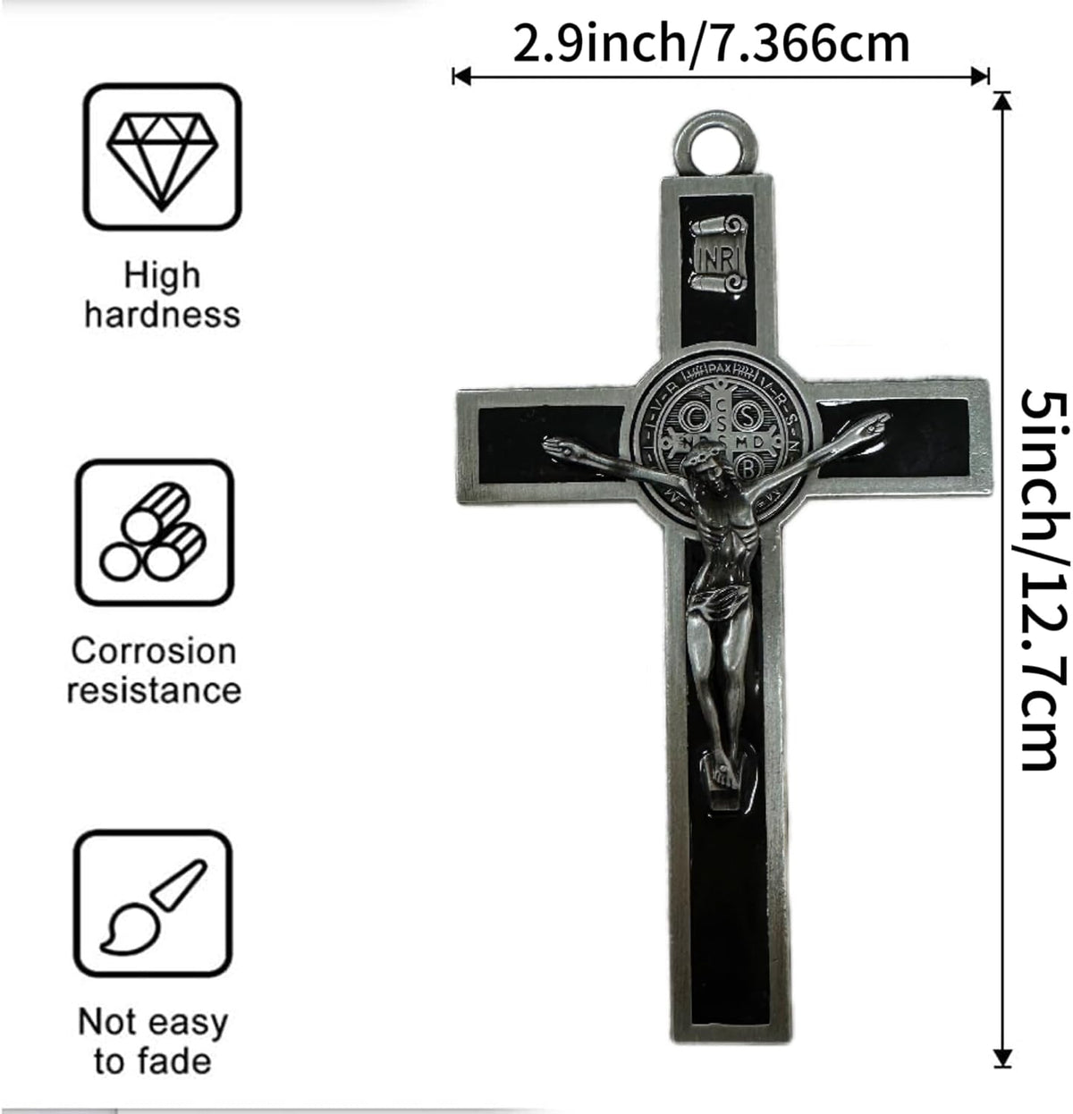 BONITTER Antique Silver Crucifix Wall Cross-St. Benedict Metal Wall Art-5.0 InchX2.7 Inch Black White Brown Enamel Give Blessing and The Spiritual Sacred:Faith Gift for your Acquaintances (Black)