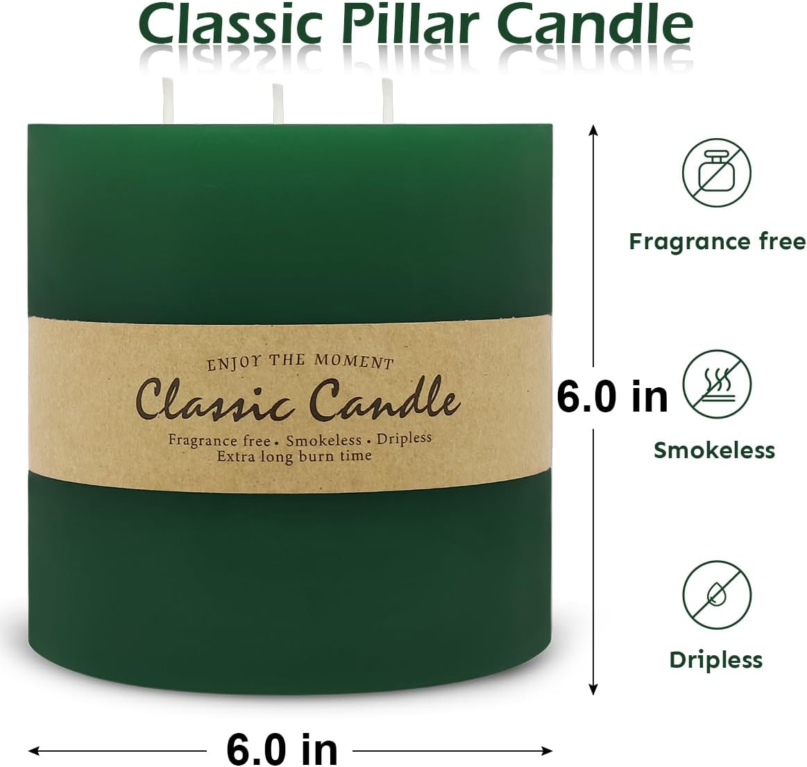 Large 3-Wick Green Pillar Candle - 6x6 Inch for Christmas Decoration