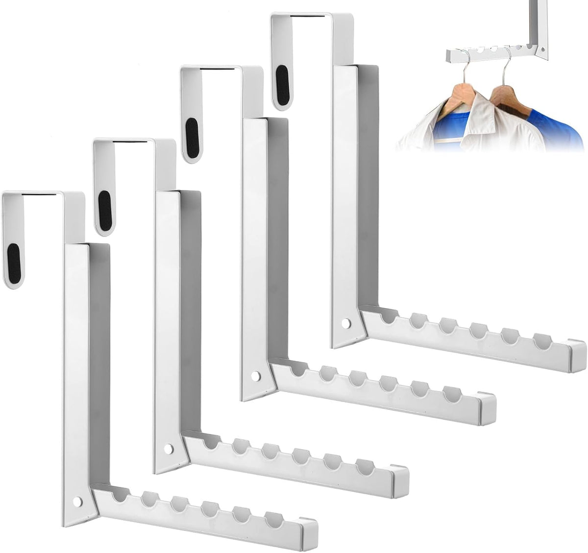 4 Pack Over The Door Hanger Hooks, Foldable 6 Grooves Drying Rack, Portable Storage Organizer Heavy Duty Hook for Clothes, Coats, Towels, White