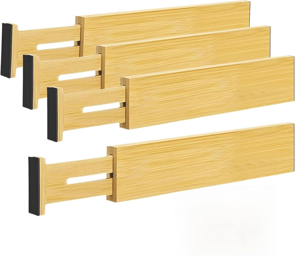 4 PCS Expandable Wooden Drawer Dividers, 2.6 in High Adjustable Wood Drawer Organizers, 12.5 to 17.5 in Spring Loaded Separators for Clothing, Kitchen Utensils, Desk, Bathroom Storage
