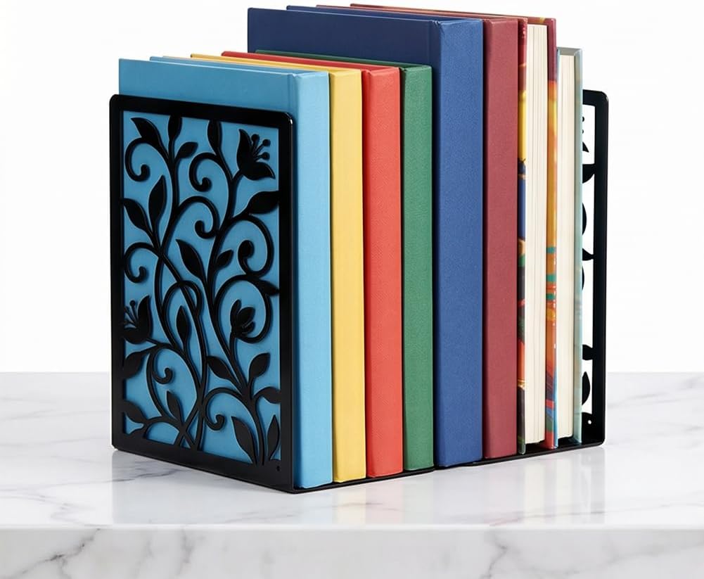 Flower Vine Twining Iron Metal Bookends for Shelves Elegant Book Ends Decorative Books, Desk Organizer Bookend for Book Display, Non-Slip Bookend for Library Office Home Decor