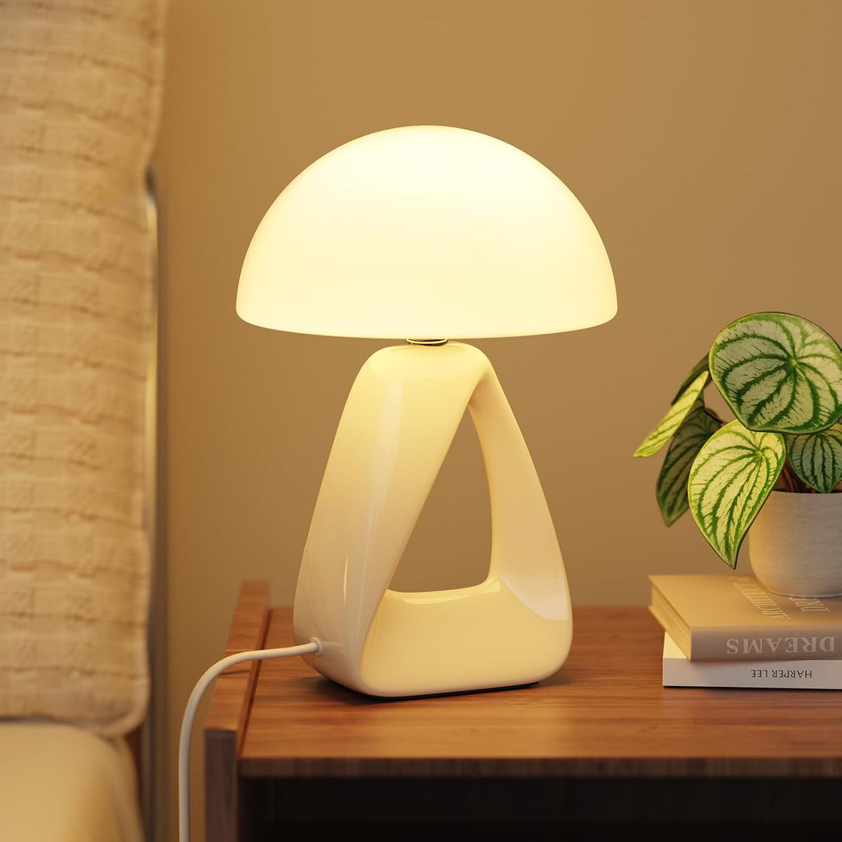 Mushroom Lamp, Small Table Lamp for Bedroom, Creative Geometric Ceramic Base Bedside Lamp, Mid Century Modern Side Table Lamp for Living Room Nightstand, Unique Aesthetic Home Decor Gift Ideas, White