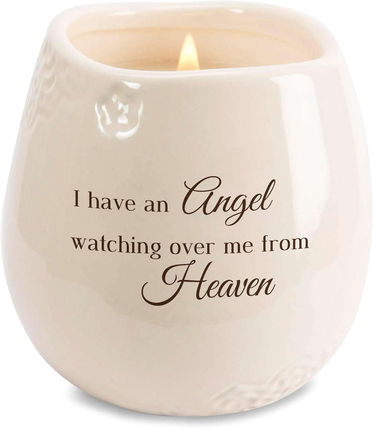 Pavilion Light Your Way Memorial Ceramic Vessel - 100% Soy Wax Candle with "I Have an Angel Watching Over Me From Heaven" Text, Decorative Soy Filled Candle, Scent of Tranquility, 8 oz, White