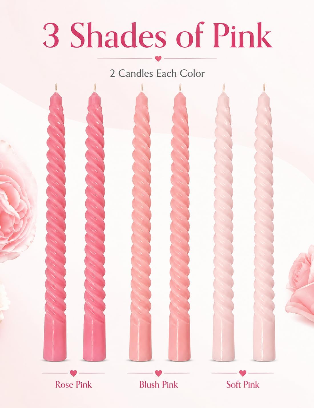 10 Inch Gradient-Pink Spiral Taper Candle Set, 6 Pack Unscented Dripless Candlesticks for Wedding, Holiday Décor, and Festive Dinners