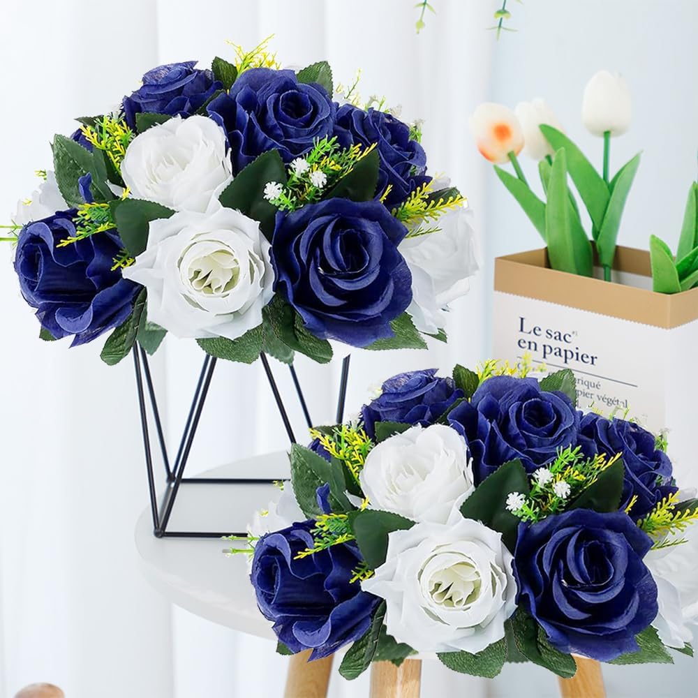 10Pcs Artificial Rose Balls for Centerpieces (Navy Blue & White)