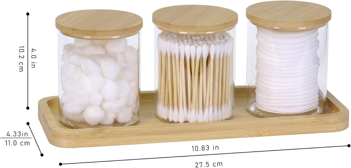 INIUNIK Qtip Holder with Vanity Tray, 3 Pack Glass Apothecary Jars with Lids, Bathroom Accessories Canisters Organizers Jars Containers for Cotton Ball Round Swab Pad Hair Ties Floss Perfume Jewelry