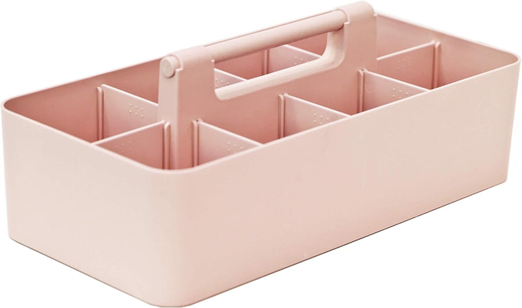 New Plastic Portable Makeup Organizer Caddy Tote Divided Basket Bin with Handle, for Bathroom Storage Made In USA (Indie Pink)