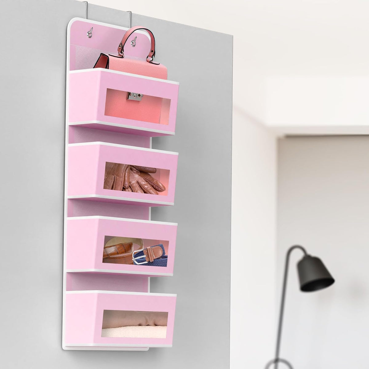 Simple Houseware 4 Clear Window Pocket Over Door Hanging Organizer, Pink