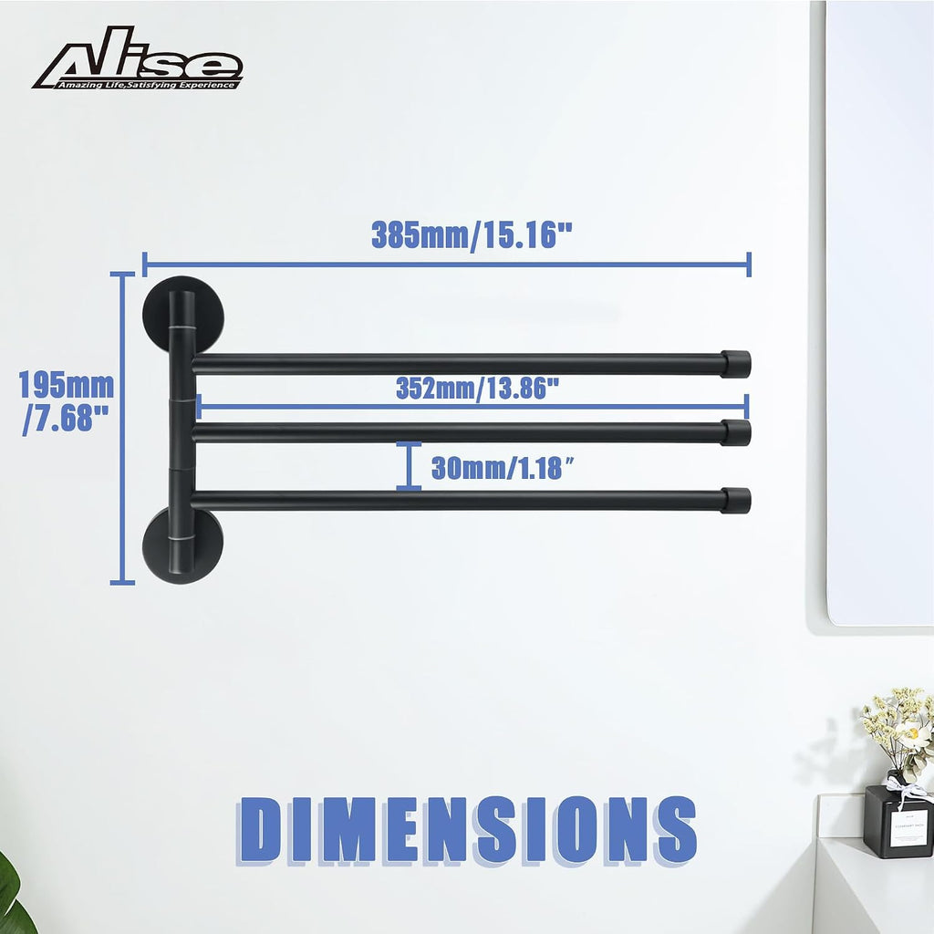 Alise 3 Arm Swivel Towel Rack, Matte Black Swivel Out Towel Bar, 13.9 Inch