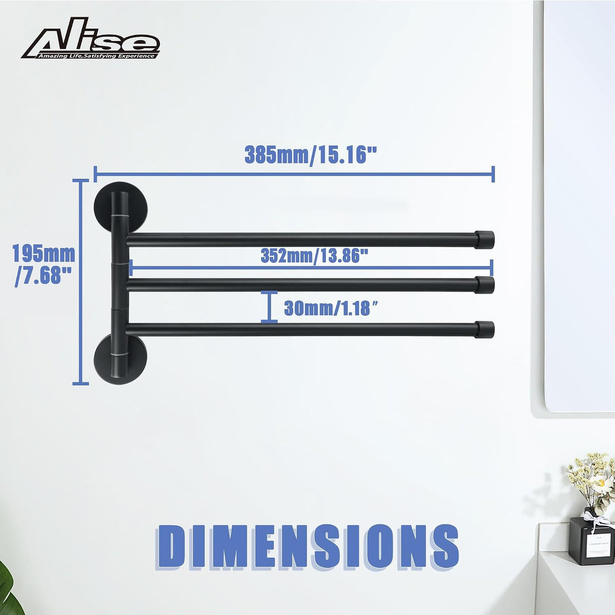 Alise 3 Arm Swivel Towel Rack, Matte Black Swivel Out Towel Bar, 13.9 Inch