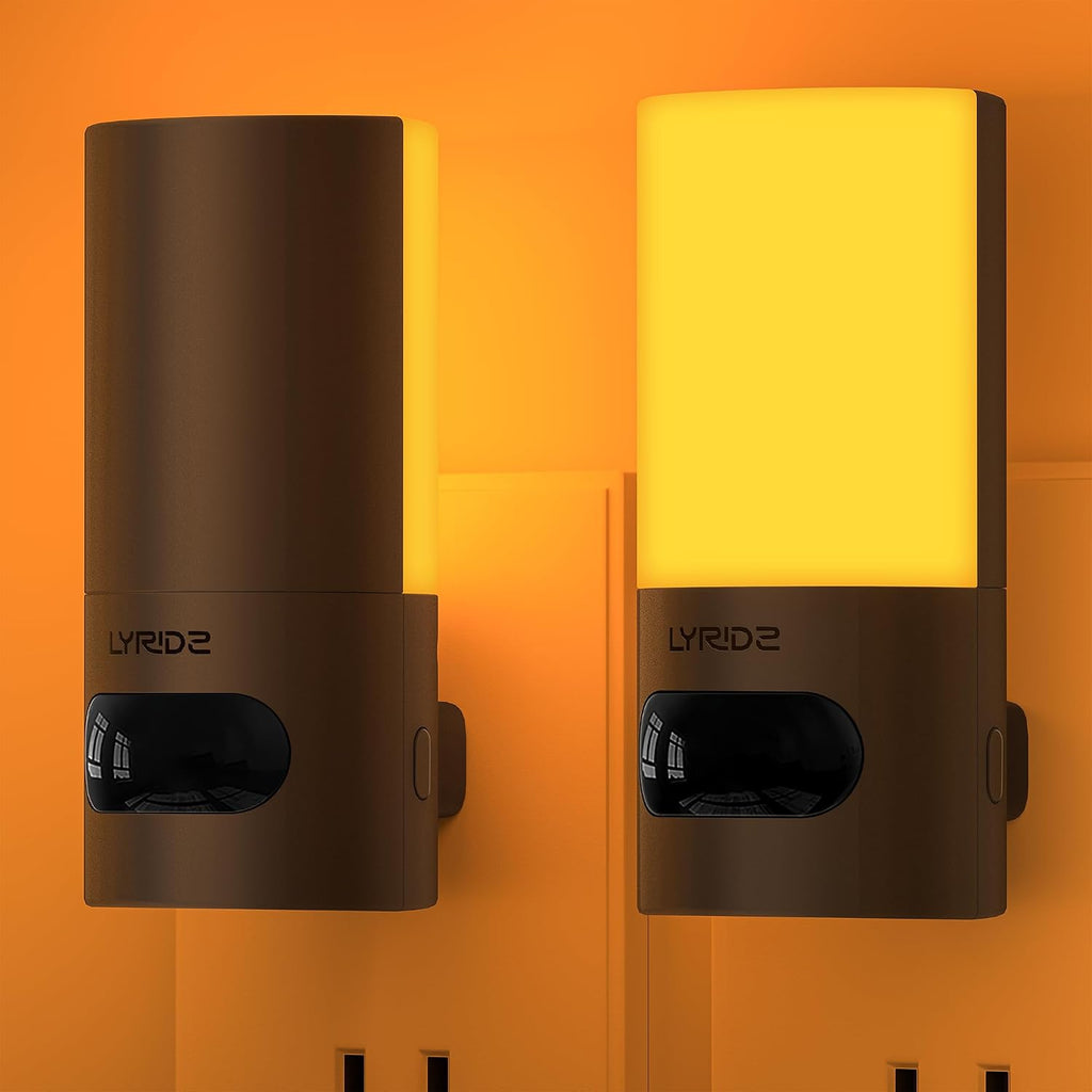 Lyridz Plug-in LED Amber Night Light with Motion Sensor, Rotatable, Dimmable Backlit Nightlight, 1-150lm Adjustable Brightness for Bathroom, Bedroom, Hallway, Stairs, 2 Pack