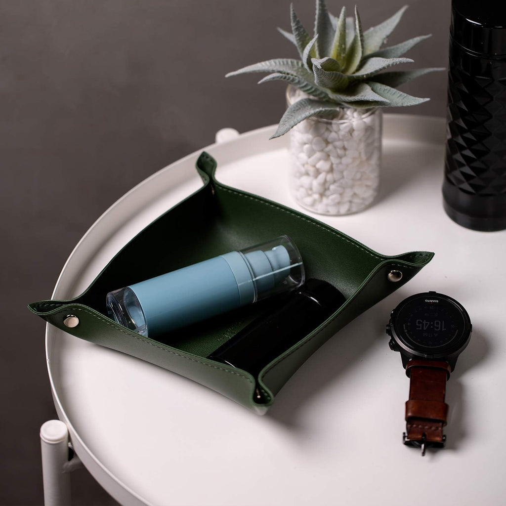 Leather Jewelry Valet Tray for Women and Man (Dark Green-B)