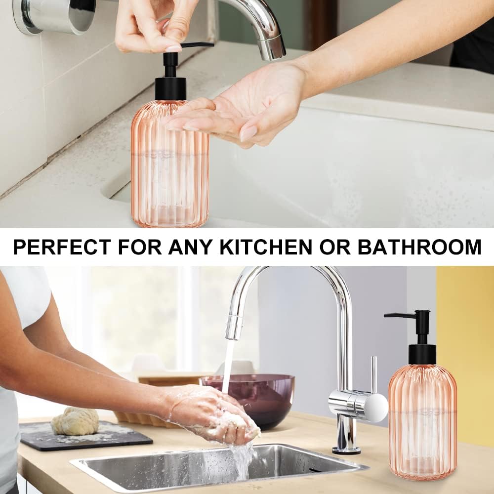 Pack of 2 Glass Soap Dispenser with Black Pump, 400 ml Refillable Pump Dispenser for Kitchen, Bathroom, Laundry Room, Liquid Glass Bottle for Washing Up Liquid, Shampoo, Conditioner (Orange)