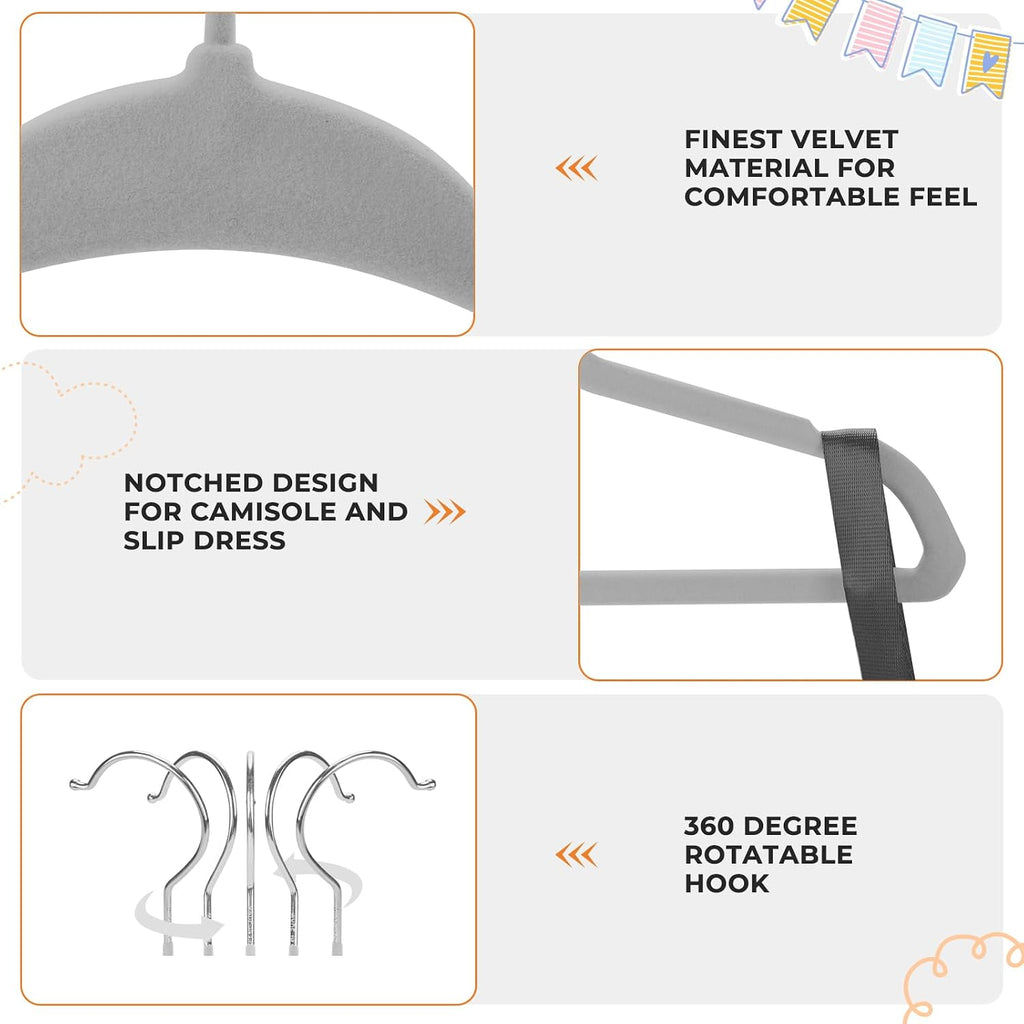 Babyrish Velvet Baby Hangers with 10x Clips and 8X Dividers (30 Pack) | 11” Ultra-Slim Baby Clothes Hangers | Non-Slip Felt | Space-Saving Nursery & Infant Closet Organizer | Gray