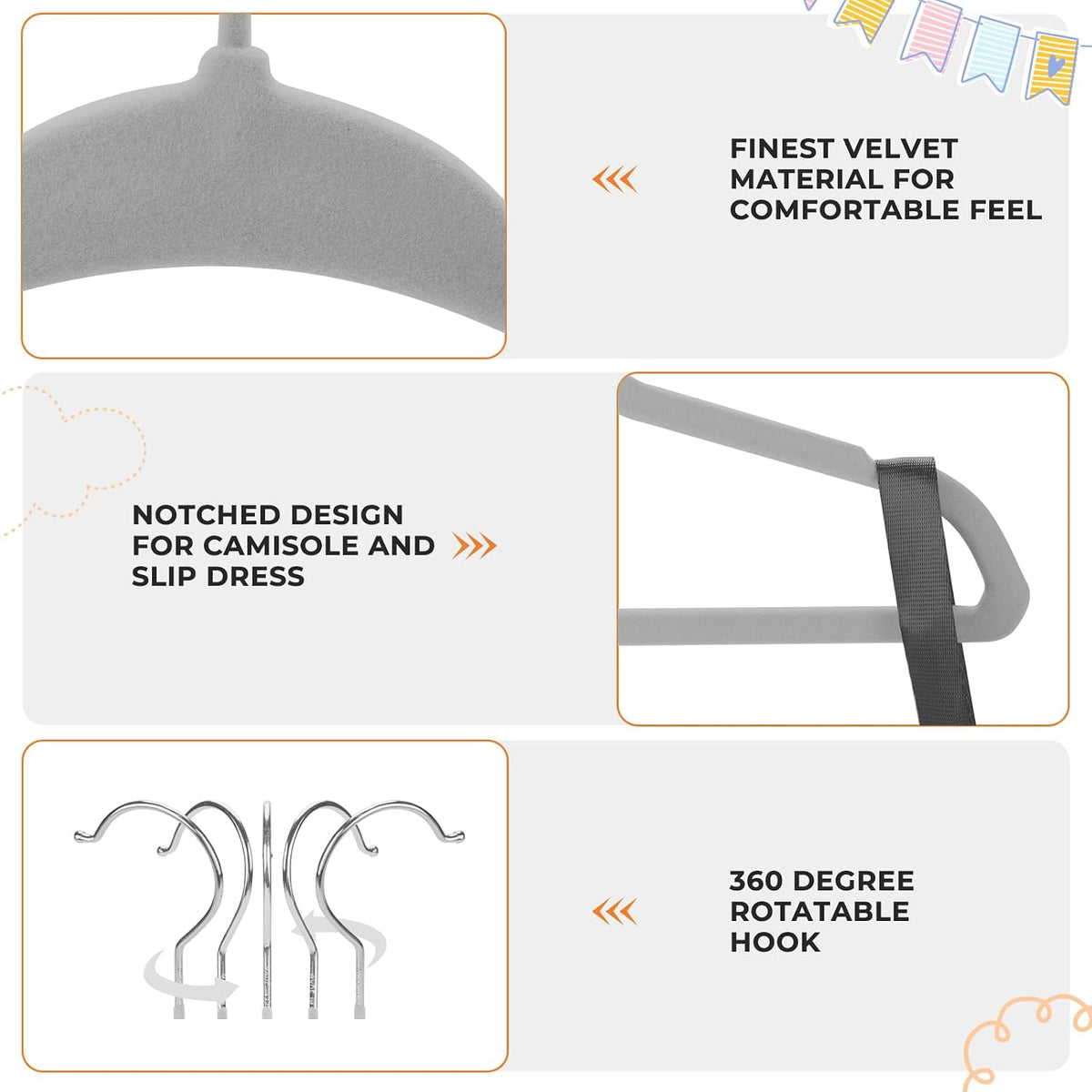Babyrish Velvet Baby Hangers with 10x Clips and 8X Dividers (30 Pack) | 11” Ultra-Slim Baby Clothes Hangers | Non-Slip Felt | Space-Saving Nursery & Infant Closet Organizer | Gray