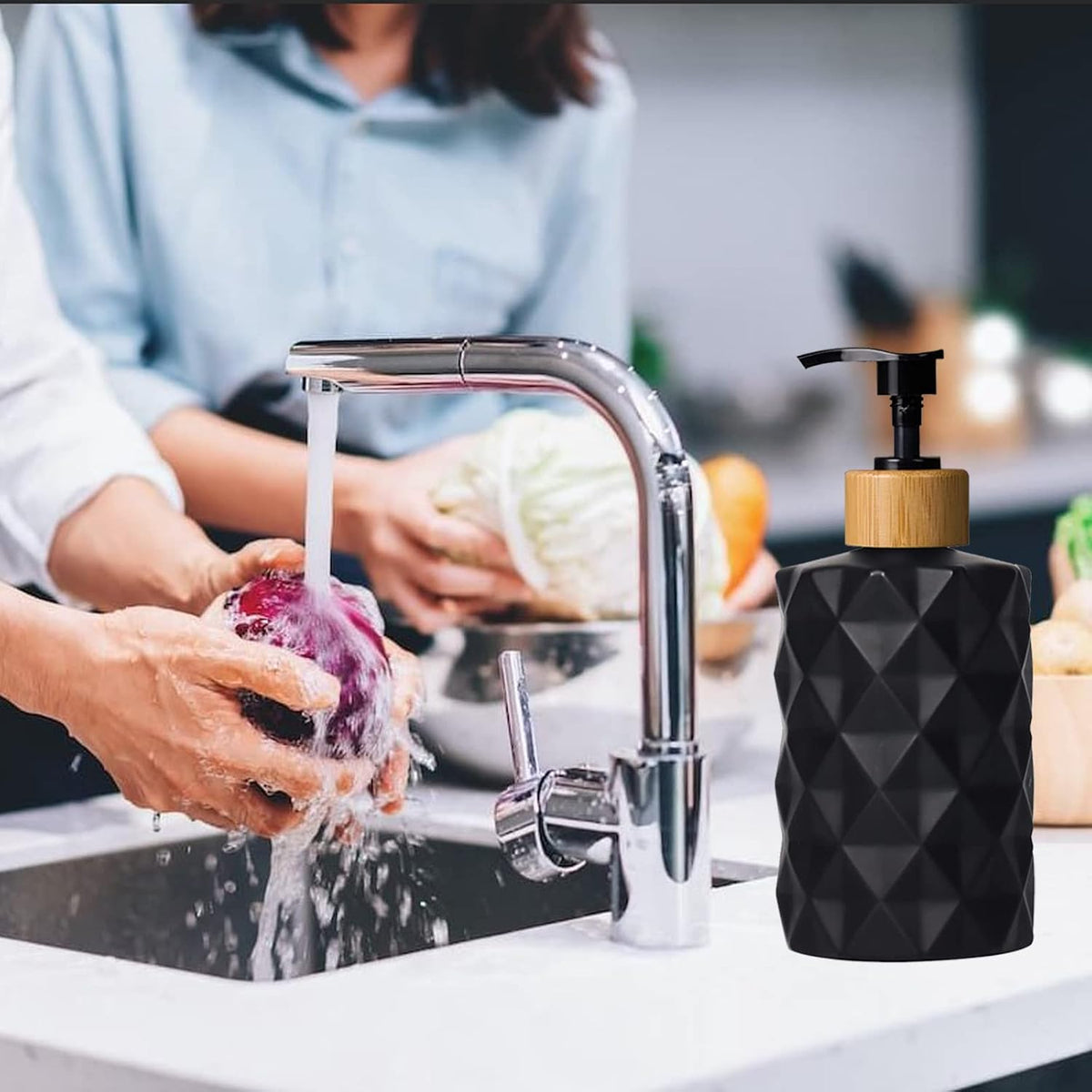 YYTSGG Black Glass Soap Dispenser Set with Bamboo Pump, 12oz, 2 Pack