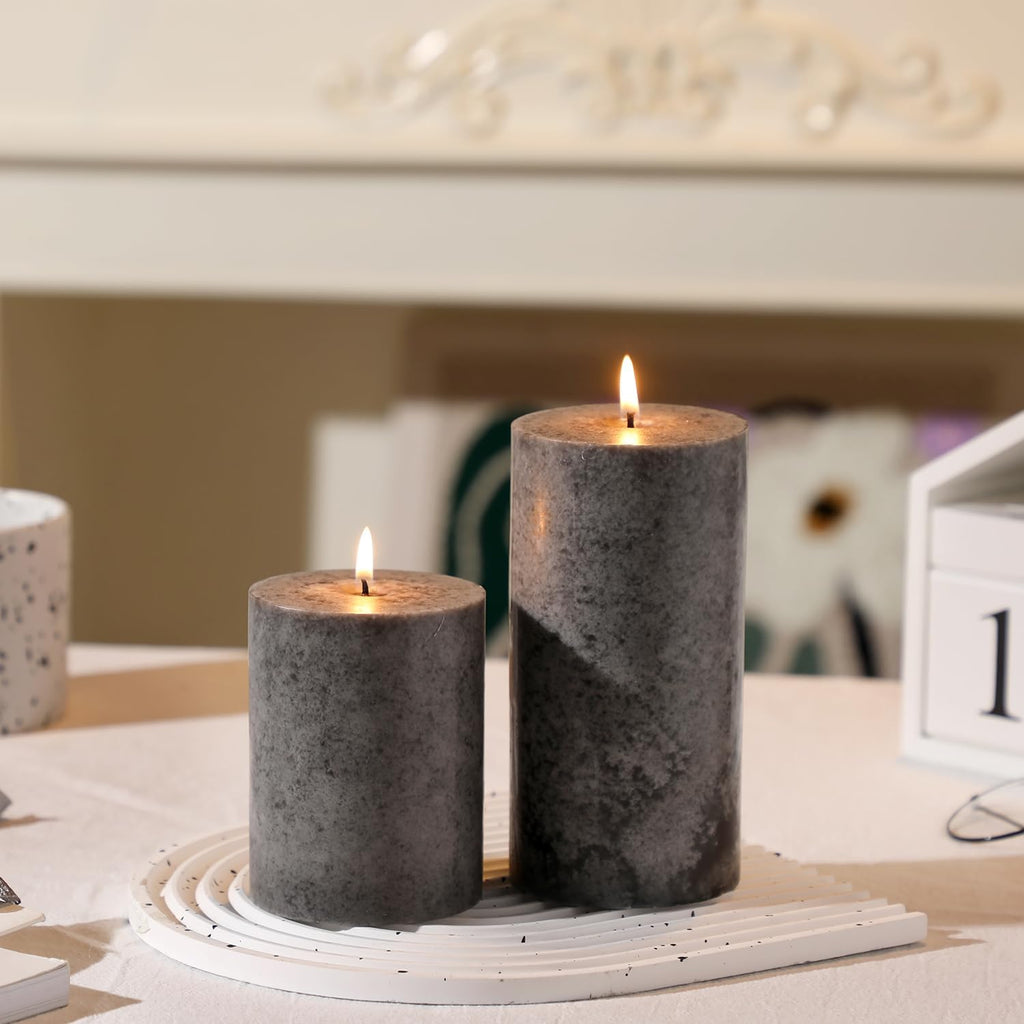 3x6 Inch Grey Pillar Candles Set of 3, Hand-Poured Unscented Pillar Candles