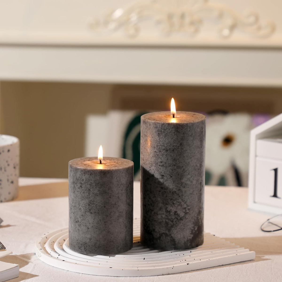 3x6 Inch Grey Pillar Candles Set of 3, Hand-Poured Unscented Pillar Candles