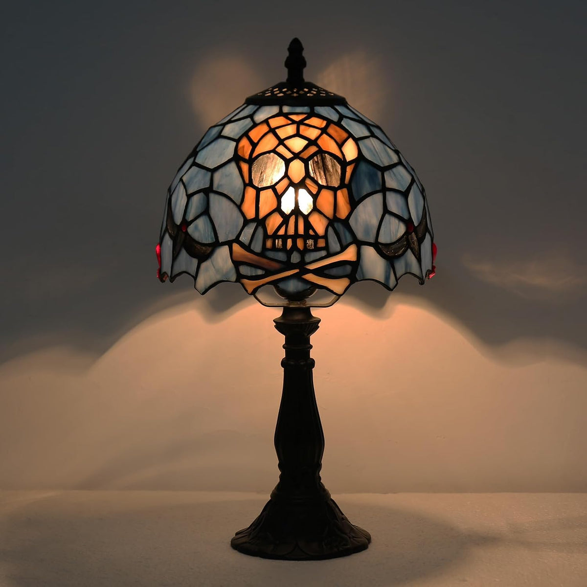 Tiffany Style Table Lamp,Stained Glass Skull Desk Lamp(8x8x15inch)