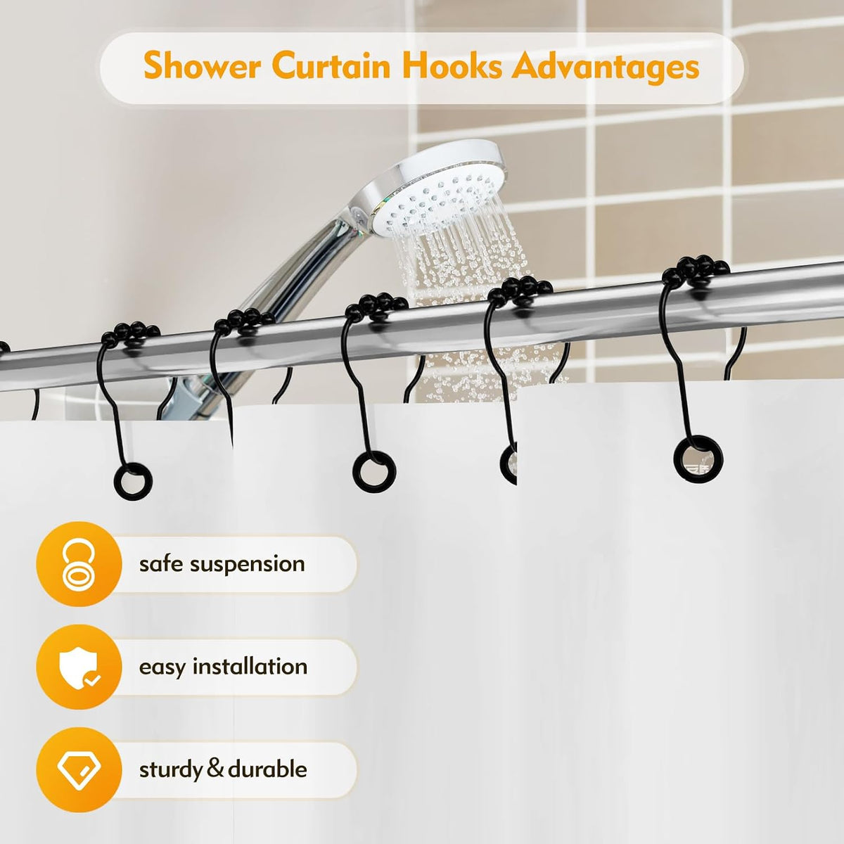 12 PCS Shower Curtain Hooks, Practical Black Shower Curtain Hooks