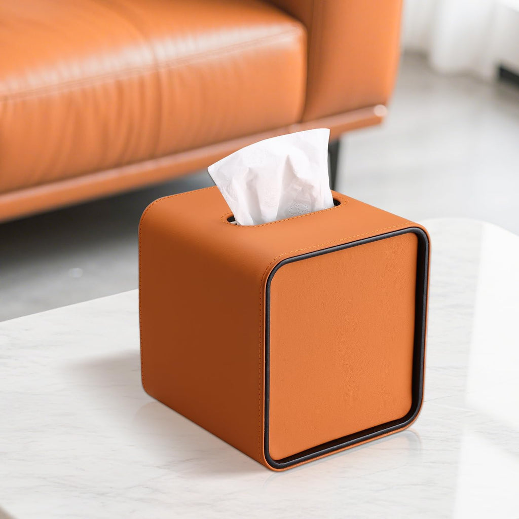 GORESE Square Tissue Box Cover for Kleenexs, PU Leather Tissue Box Holder, Decorative Tissue Holder Cover for Bathroom Bedroom Living Room Office, Orange