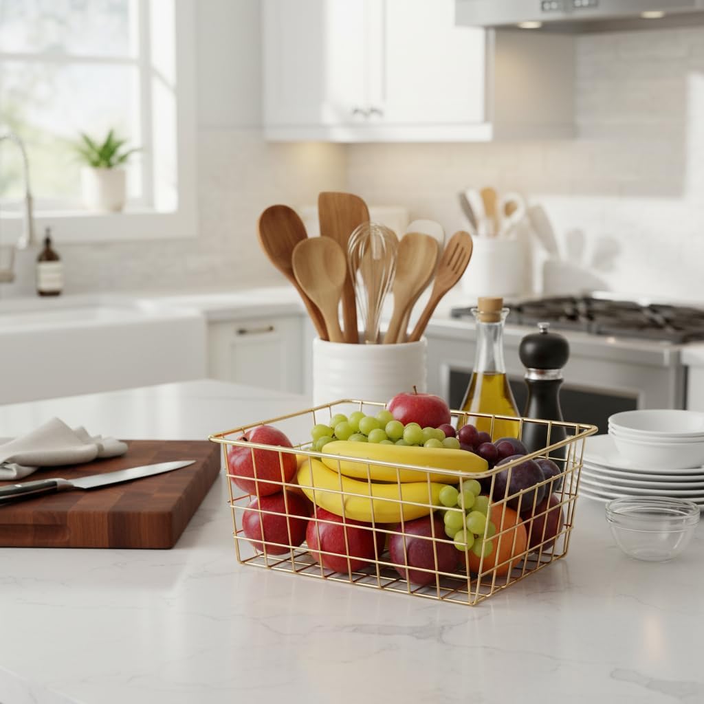 4pcs Wire Kitchen Storage Basket, Farmhouse Pantry Storage Basket Organizer Bins for Shelf, Countertop, Refrigerator, Freezer, Cabinet (Gold)