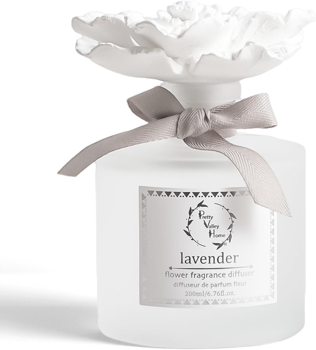 Reed Diffuser Sets, 6.76 Fl. Oz / 200ML Ceramic Diffuser Flower Gift Box, Home Reed Diffuser for Bathroom Office Bathroom Living Room Decor (Lavender White)