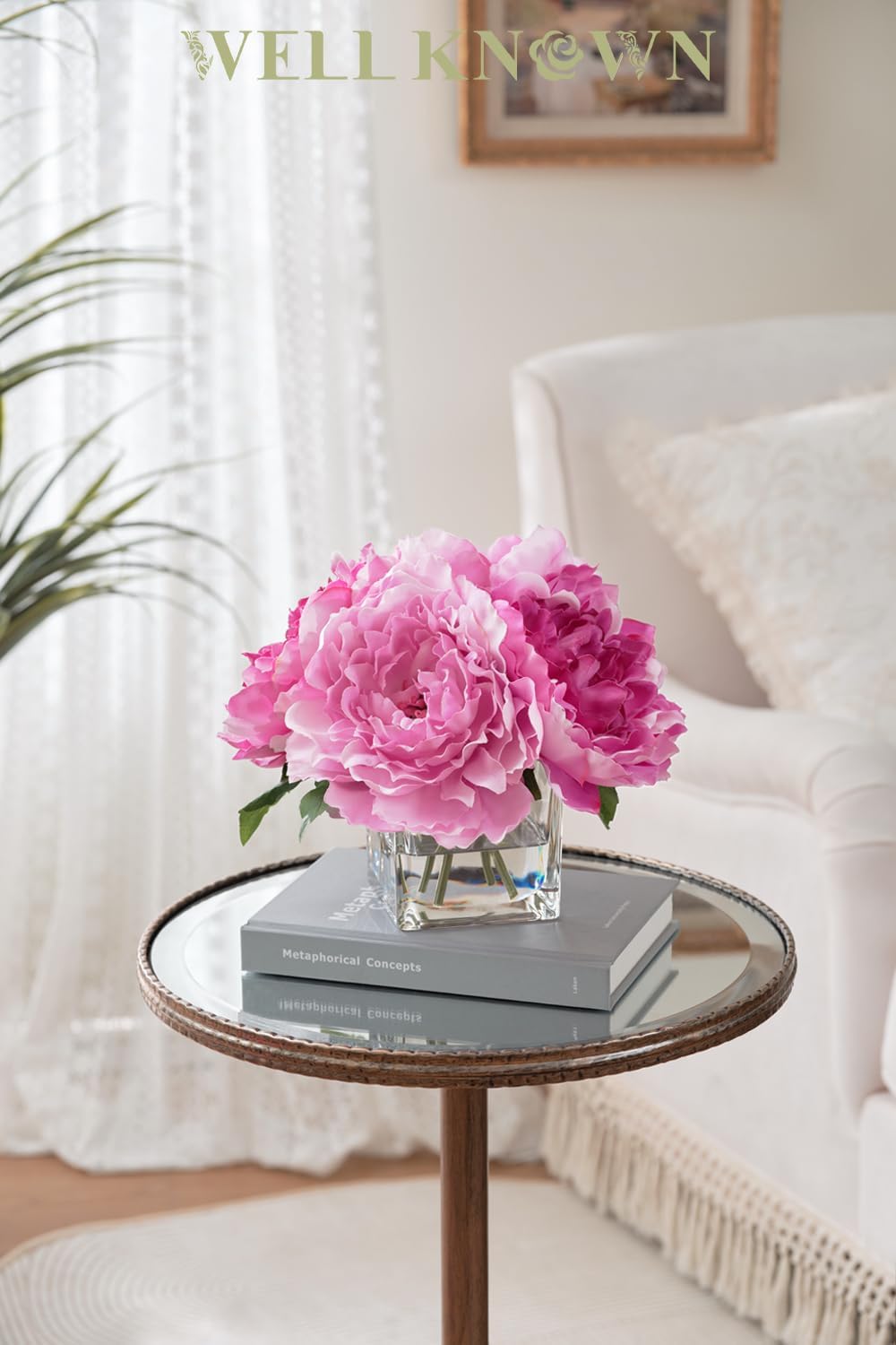 Artificial Peonies Flowers Arrangements in Cube Glass Vase, WELLKNOWN Silk Flower Centerpieces for Dining Room Table, Coffee Table Decor, Faux Peony Flowers with Faux Water (Bicolor Purple)